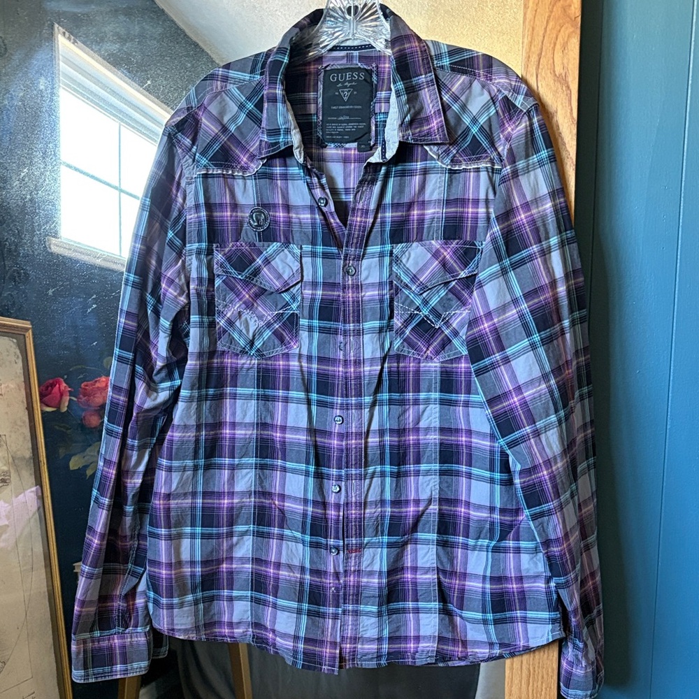 GUESS Purple & Teal Plaid Snap-Front Shirt